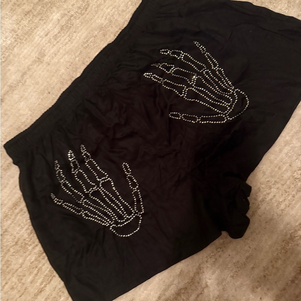 Victoria’s Secret PINK Black Satin Sleep Shorts with Rhinestone Skeleton Hands